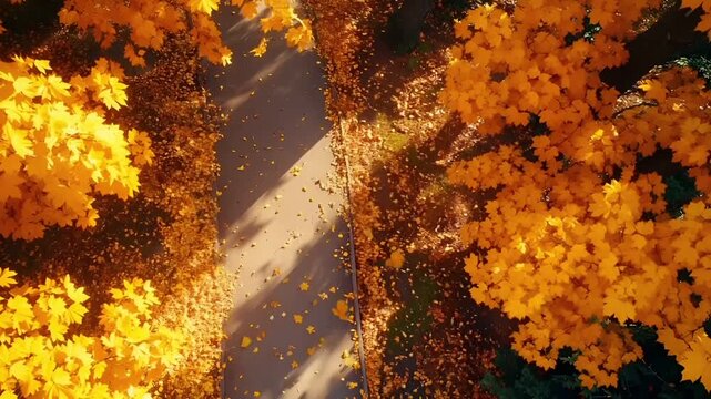 軽やかな風に揺れる黄色い秋の葉　公園の小道を上から捉えた映像