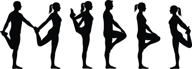  Standing quadriceps stretch, fitness silhouette illustration, male and female workout pose, leg balance exercise, physiotherapy posture, gym warm-up vector art