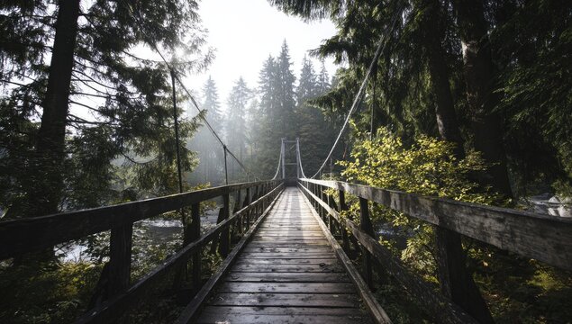 Wooden suspension bridge through misty forest - Powered by Adobe