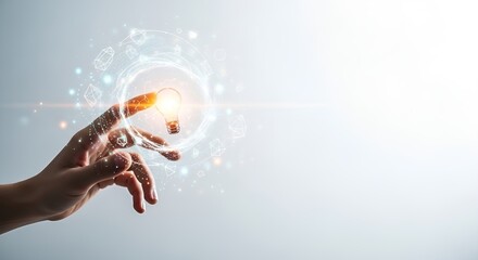 Hand touching glowing light bulb, symbolizing innovative business ideas and digital transformation.