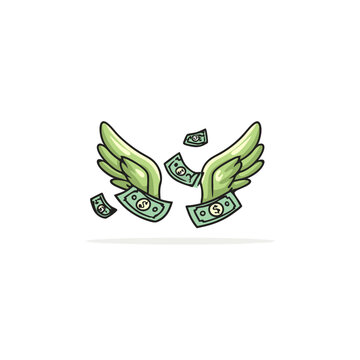 Financial loss illustration with money flying away on green wings, depicting expenses, debt, rising costs, and economic challenges.