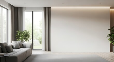 Fototapeta premium Modern Minimalist Living Room Interior with Empty White Wall and Cozy Sofa, Ideal for Copy Space.