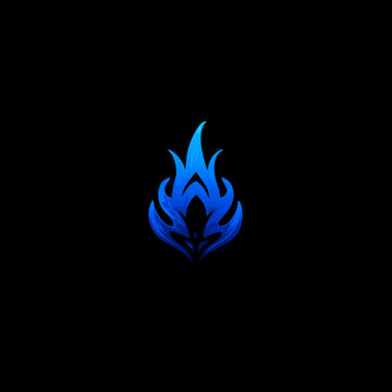 Abstract blue flame logo or icon design on a dark background. Modern stylized fire graphic element with vibrant gradient colors.