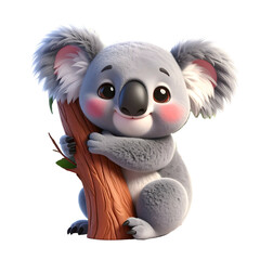 Adorable cartoon koala clings to tree trunk with happy expression.