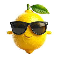 Cheerful lemon character with sunglasses and a leaf.