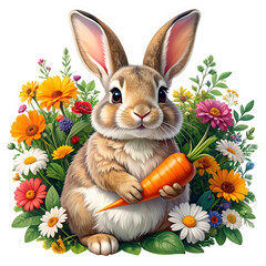 Fluffy bunny holds a carrot amidst a colorful spring flower garden.