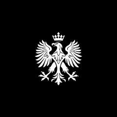 Obraz premium Regal crowned eagle in heraldic style, a majestic bird of prey symbol of power and nobility on a black background. Vector illustration.