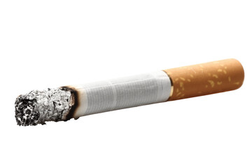 Close up view of a lit cigarette with glowing ash and white filter against a dark backdrop
