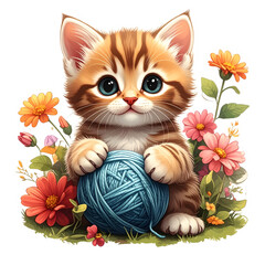 Fluffy kitten plays with yarn ball surrounded by colorful flowers.