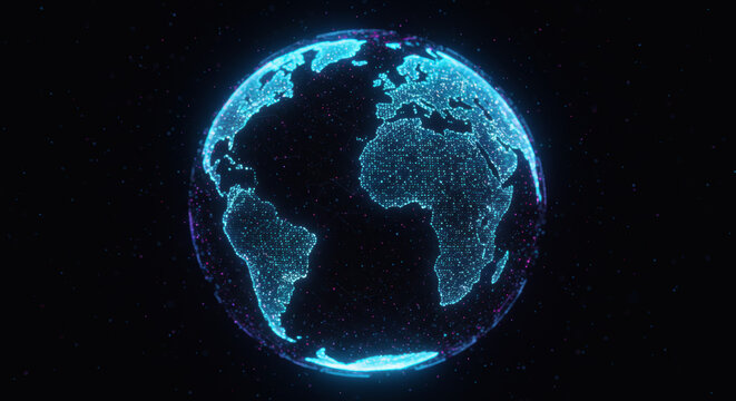 Digital Earth Globe glowing with light blue dots on a dark background, representing a connected world in cyberspace