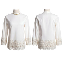 Elegant white blouse with delicate lace trim displayed on mannequins.