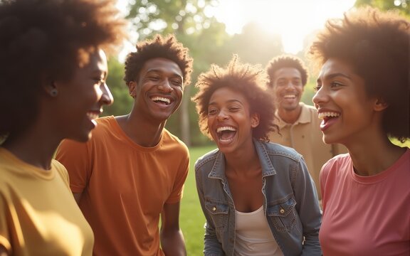 Young group of diverse friends having fun in a sunny day - Multiracial best friends enjoying time together outdoors - United millennial people laughing. High quality