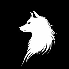 Obraz premium Majestic white wolf head silhouette illustration with flowing fur, isolated on a stark black background, symbolizing power, wilderness, and freedom.