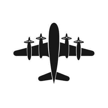 Top view silhouette icon of a four-engine propeller aircraft. Generic plane symbol for aviation, transport, travel, cargo, and flight design.