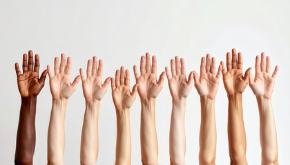 Diverse group of people raising hands in unity and solidarity against a clean white background representing diversity equality and teamwork