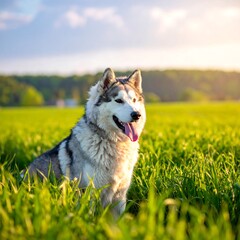 A fluffy dog sits in tall green grass with a beautiful sunset