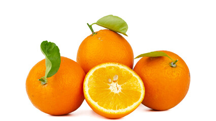 Fresh ripe oranges with green leaves isolated on white background, juicy citrus fruit full of vitamin C, natural tropical food concept for healthy lifestyle and freshness