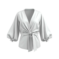 Elegant white blouse with flowing balloon sleeves and a knotted front.