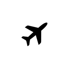 Black airplane silhouette icon for air travel, aviation symbol, flight graphic, simple vector illustration on white background