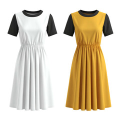 Two dresses, white and mustard yellow, with black sleeves and elastic waist.