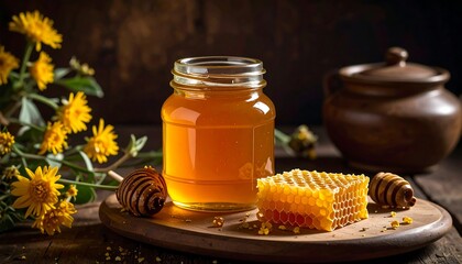 A glass jar of golden liquid next to honeycomb and yellow flowers