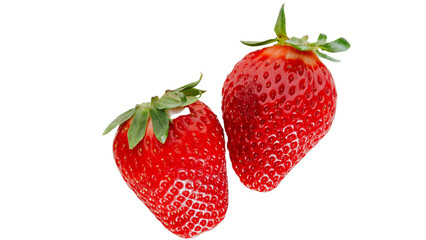 Fresh ripe strawberries with green leaves isolated on white background, sweet summer fruit rich in vitamin C, healthy natural food and dessert ingredient in high detail