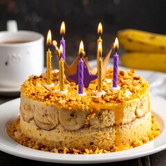 A frosted cake with candles on a plate, coffee cup and bananas
