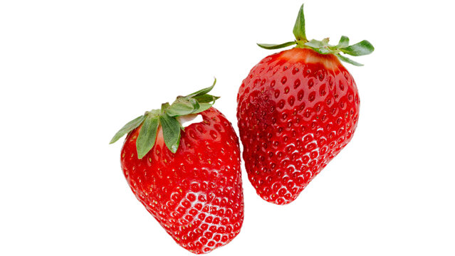 Fresh ripe strawberries with green leaves isolated on white background, sweet summer fruit rich in vitamin C, healthy natural food and dessert ingredient in high detail - Powered by Adobe