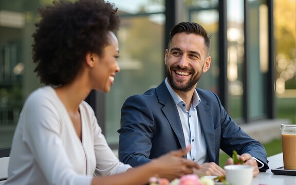 Happy multiracial business people having a lunch break outside office. High quality