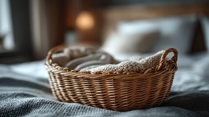 Obraz premium Newborn bassinet ready for baby cozy bedroom setting lifestyle photography warm atmosphere close-up view