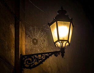 A glowing ornate street light with a spiderweb against a darkened wall