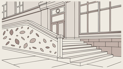 Classic Building Entrance Line Art Illustration with Stone Stairs and Decorative Wall; Architectural Facade Drawing in Sepia Tones