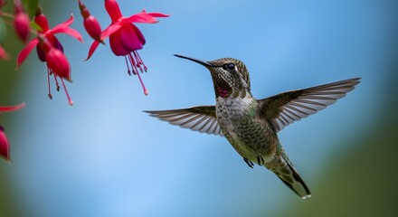 A tiny hummingbird hovers mid-air near bright pink flowers, wings blurred, against a soft blue sky
