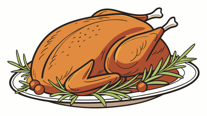 Delicious Holiday Roasted Turkey on Platter with Rosemary and Cranberry Garnish Illustration