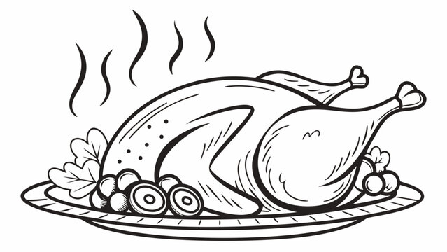roasted turkey on plate, black and white clip art preview