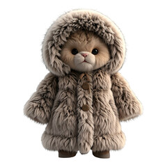 Adorable fluffy creature wearing a cozy fur coat with hood.