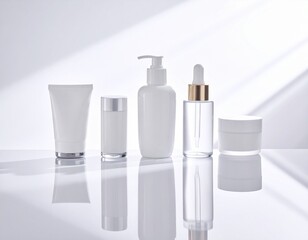 Cosmetic packaging set in minimalist design, featuring various containers for skincare products