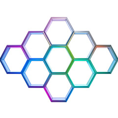 Interlocking geometric hexagons display iridescent gradient colors on black.
