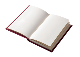 An open blank book with clean white pages and a red cover isolated on a black background ready for writing