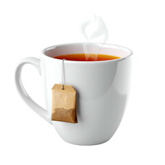 Hot tea in a white mug with steam rising and a tea bag.