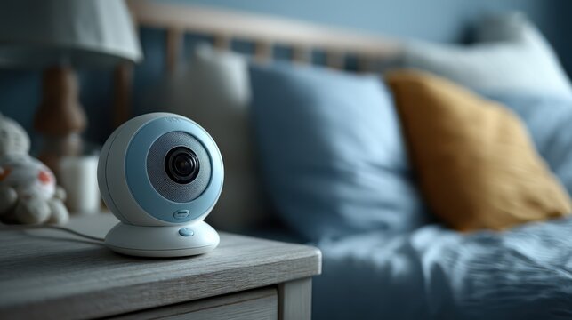 Baby monitor closeup on bedside table in cozy bedroom focus on parenting and safety modern technology viewpoint
