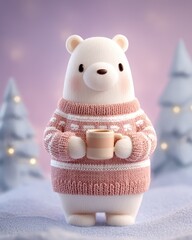 Polar bear wearing Christmas sweater holding hot cocoa in winter scene perfect for children clothing brand concept festive holiday marketing and playful kids fashion branding illustration