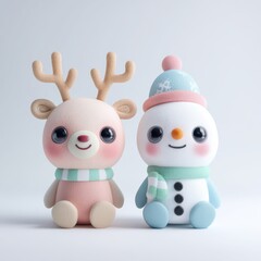 Adorable 3D clay Christmas characters including small reindeer and snowman with big eyes using pastel color palette on white background perfect for children content design and playful holiday branding