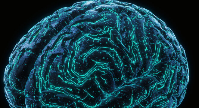 Futuristic digital brain illuminated with intricate glowing blue circuit patterns, symbolizing artificial intelligence, data processing, and advanced neurological networks in a technology concept