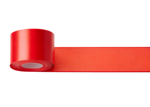 Bright red adhesive tape unrolling from a roll against a stark black background for industrial or craft applications - Powered by Adobe