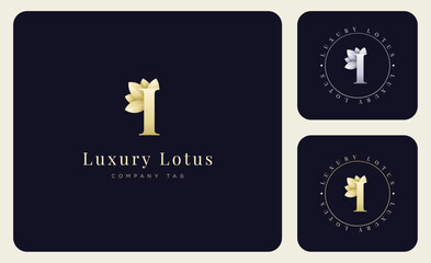 Logo Luxury Lotus Flower and  letter I, Minimalist Modern and Elegant with Gold and Silver Gradient Colourful.