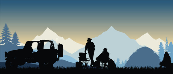 Winter camping adventure in mountain landscape silhouette