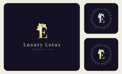 Logo Luxury Lotus Flower and  letter E, Minimalist Modern and Elegant with Gold and Silver Gradient Colourful.
