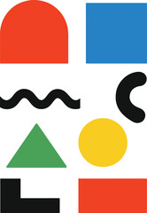 A graphic design featuring a collection of simple, bold geometric shapes in red, blue, yellow, green, and black on a white background.