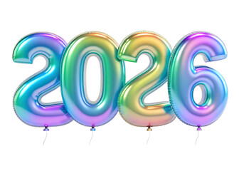 Iridescent mylar balloons forming the year 2026 against a black background for new year celebrations